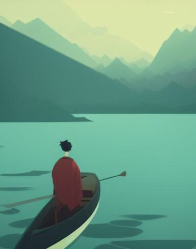 A man on the boat on a lake with mountain
