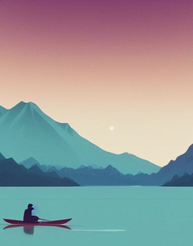 A man on the boat on a lake with mountains in the background