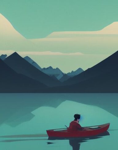 A man on the boat on a lake with mountains in the background