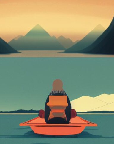 A man on the boat on lake with mountains