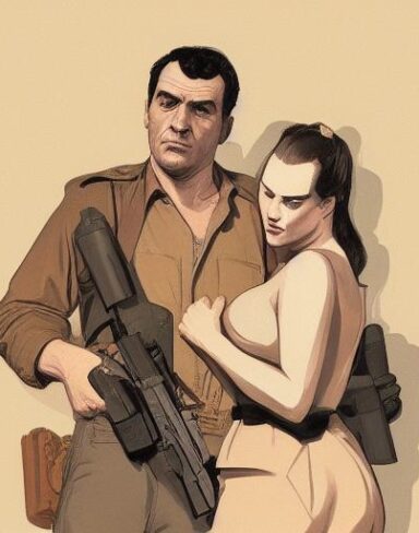 A man standing next to a woman holding a gun