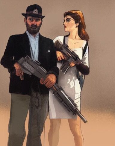A man standing next to a woman holding a gun