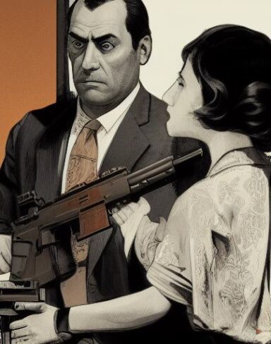 A man standing next to a woman holding a gun