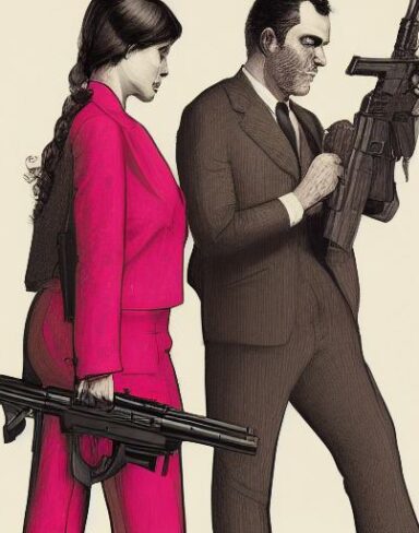 A man standing next to a woman holding a gun