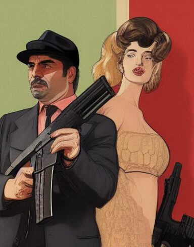 A man standing next to a woman holding a gun