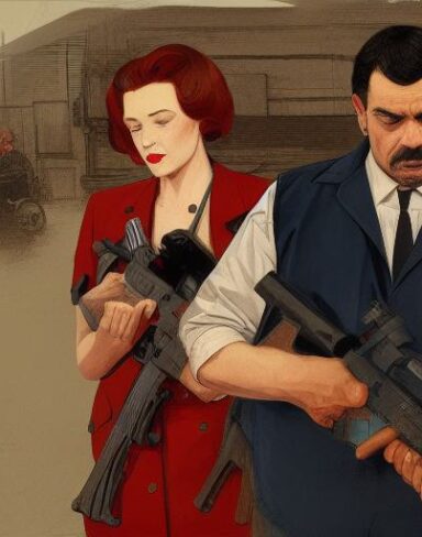 A man standing next to a woman holding a gun
