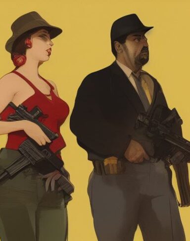 A man standing next to a woman holding a gun