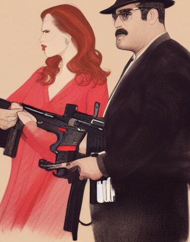 A man standing next to a woman holding a gun