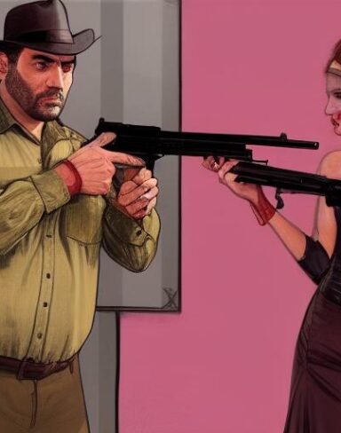A man standing next to a woman holding a gun