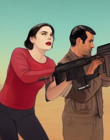 A man standing next to a woman holding a gun