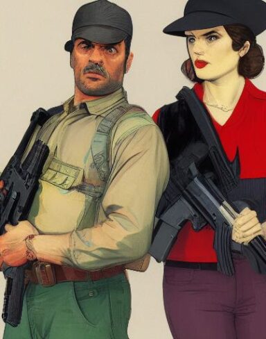 A man standing next to a woman holding a gun