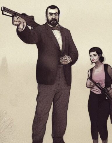 A man standing next to a woman holding a gun