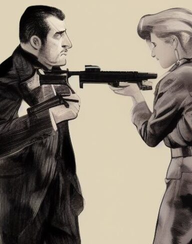 A man standing next to a woman holding a gun