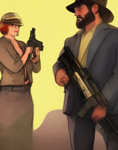 A man standing next to a woman holding a gun