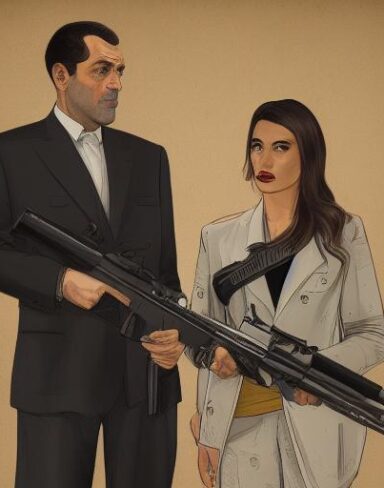 A man standing next to a woman holding a gun