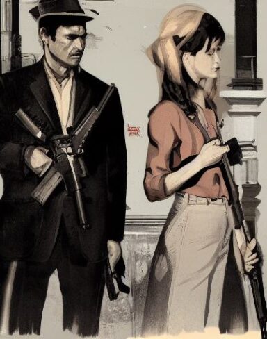 A man standing next to a woman holding a gun