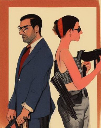 A man standing next to a woman holding a gun