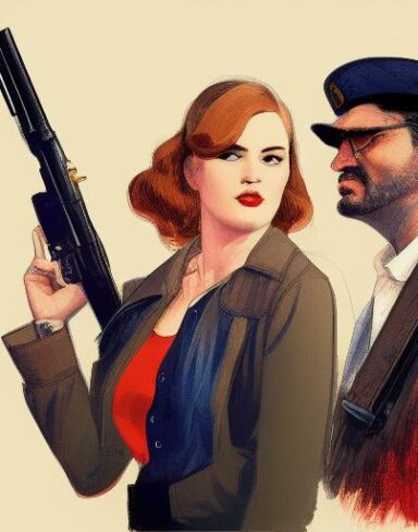 A man standing next to a woman holding a gun