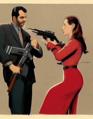A man standing next to a woman holding a gun