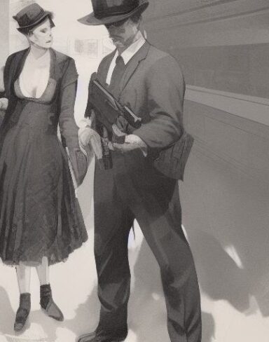 A man standing next to a woman holding a gun