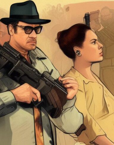 A man standing next to a woman holding a gun