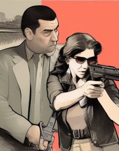 A man standing next to a woman holding a gun