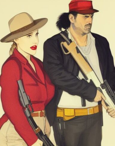 A man standing next to a woman holding a gun