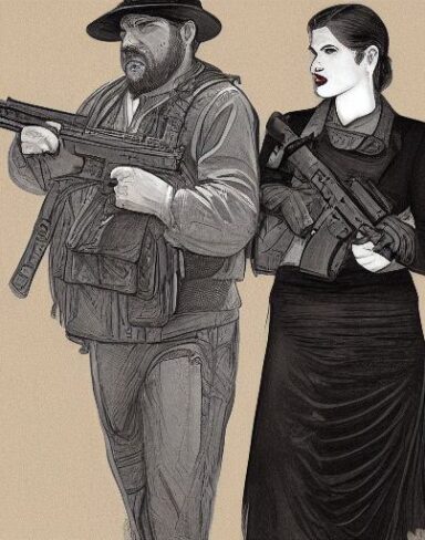 A man standing next to a woman holding a gun