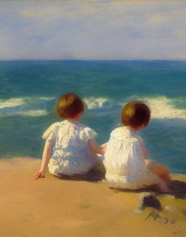 A melancholic painting of two children sitting on a rock by the ocean