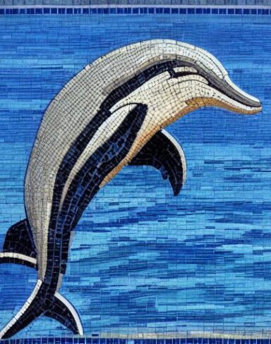 A mosaic of a dolphin swimming in the blue sea inspired by Charles Ginner