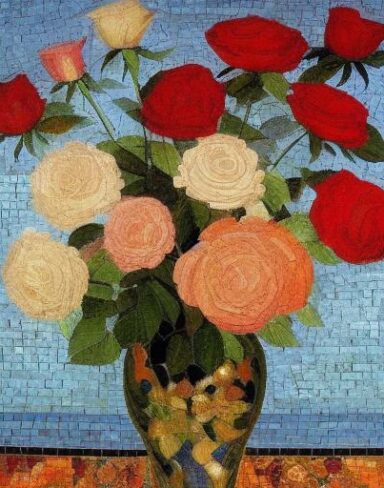A mosaic of roses in a vase inspired by Mikhail Vrubel