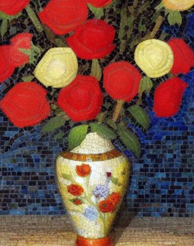 A mosaic of roses in the vase inspired by Mikhail Vrubel