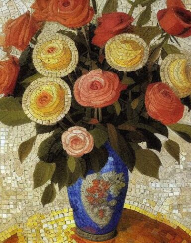 A mosaic of roses inside a vase inspired by Mikhail Vrubel