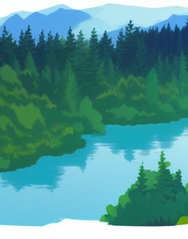 A mountain landscape with pine trees and a lake