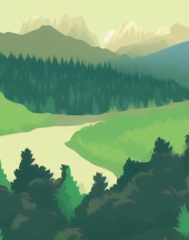 A mountain landscape with pine trees and lake