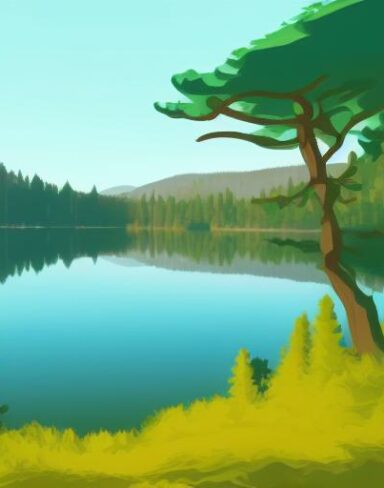 A mountain landscape with pine trees and lake in the foreground