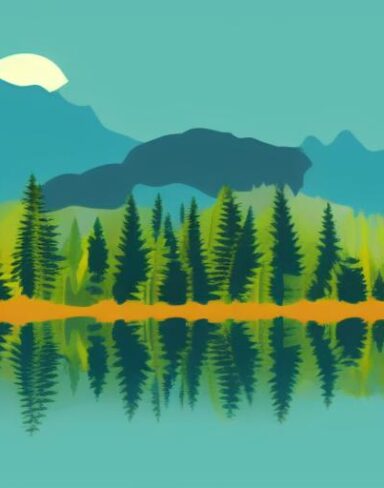 A mountain landscape with several pine trees and lake in the foreground