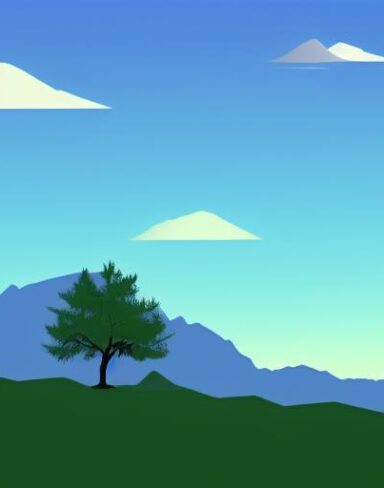 A mountain scene with a lone tree