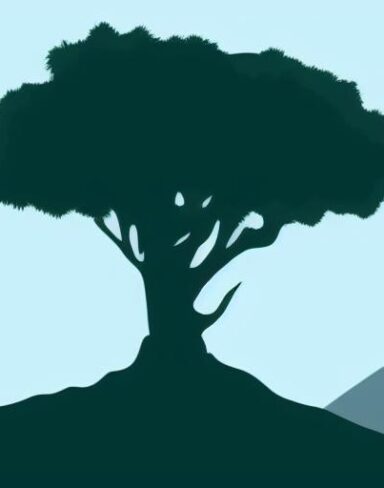A mountain scene with a lone tree