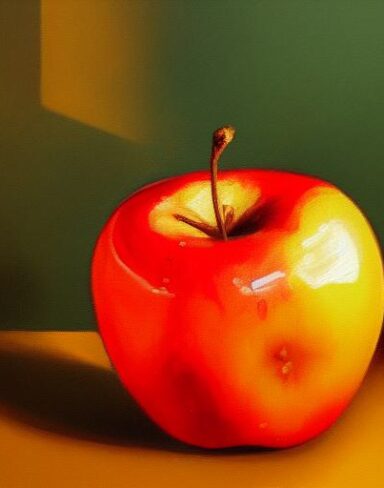 A painting of a apple in half