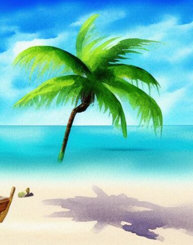 A painting of a beach scene with a palm tree and water