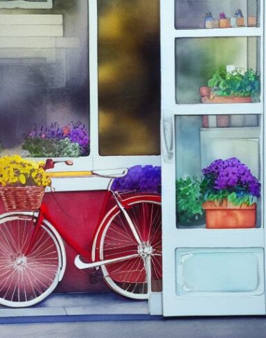 A painting of a bicycle located in front of a flower shop