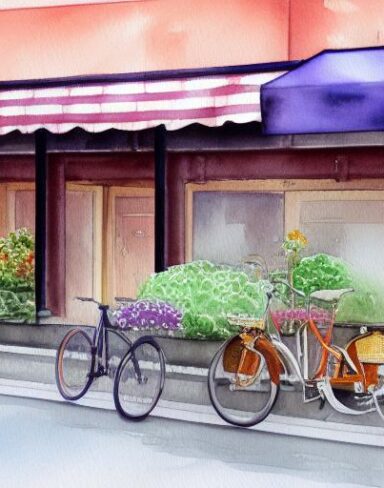 A painting of a bicycle parking in front of a flower mart