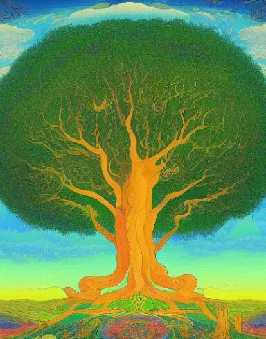 A painting of a big green tree with a sky in the background