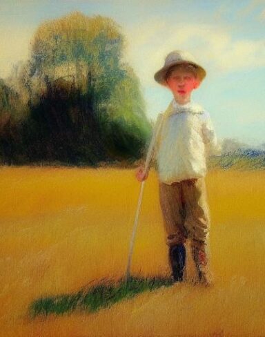 A painting of a boy in a field