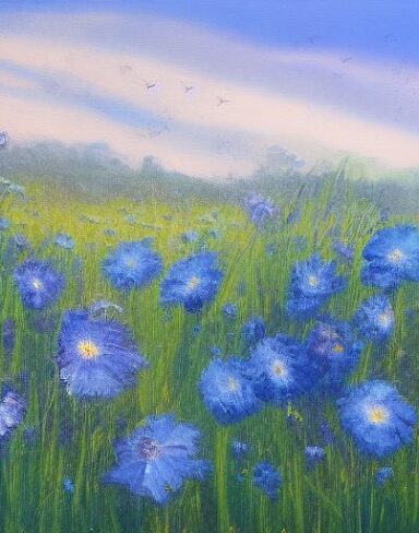 A painting of a bunch of blue flowers in a field