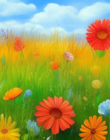 A painting of a bunch of colourful flowers in a field