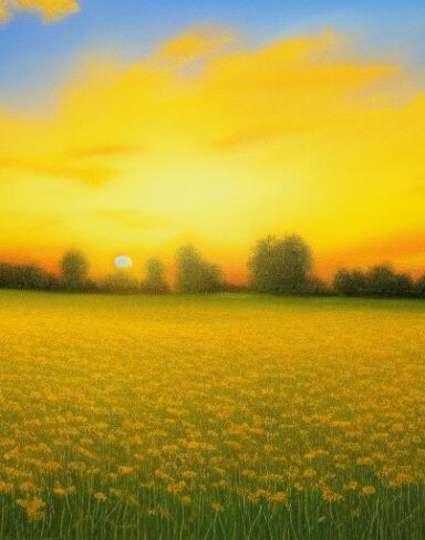 A painting of a bunch of yellow flowers in a field with sunrise sky