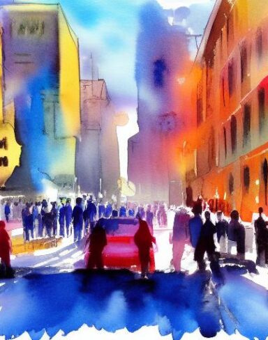 A painting of a city street with people
