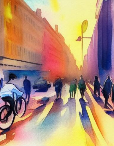 A painting of a city street with people riding bicycle